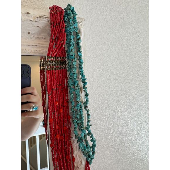 Chico’s Bundle of 2 Boho Turquiose Red Beaded Statement Necklaces - Picture 3 of 6